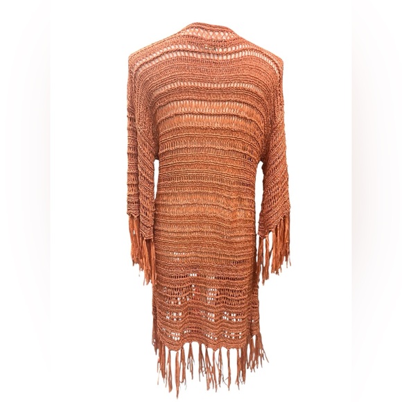 Umgee Boho Fringe Open Knit Kimono Cardigan Rust M/L Crochet Festival Layer - Picture 4 of 7